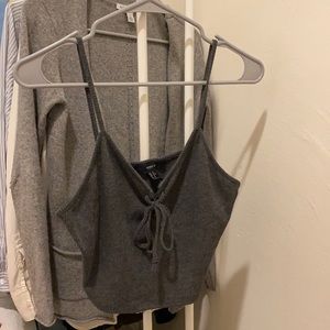 Dark gray lace-up, ribbed, cropped tank top